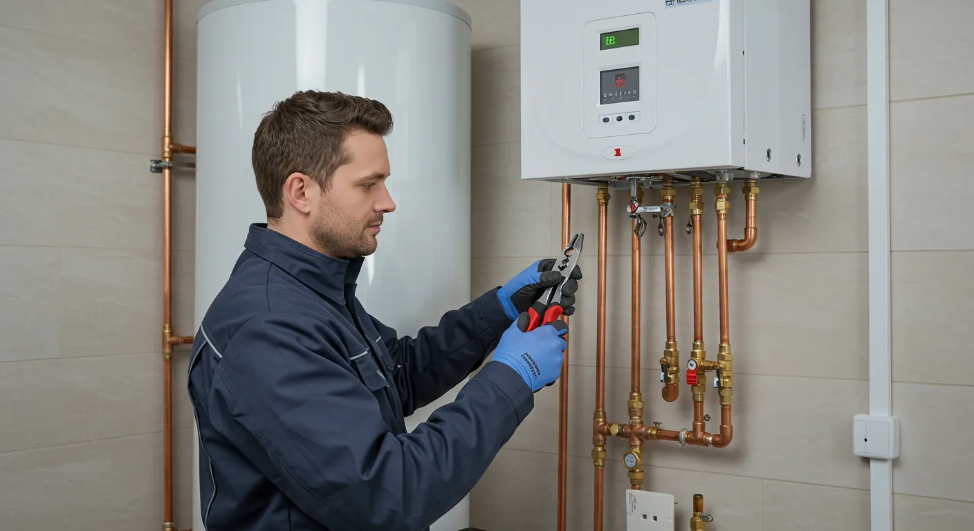 A technician uses pliers to work on the copper plumbing connected to a tankless water heater.