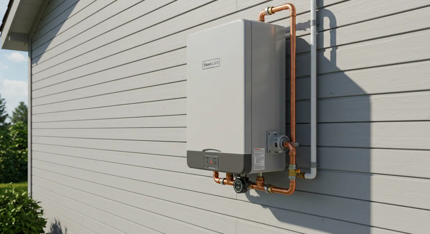 A sleek gray tankless water heater mounted on the exterior siding of a home with visible plumbing.