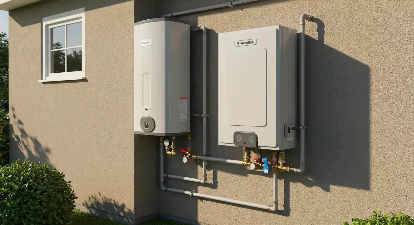 A tankless water heater and a tank-style unit mounted on the exterior wall of a building with visible pipes.