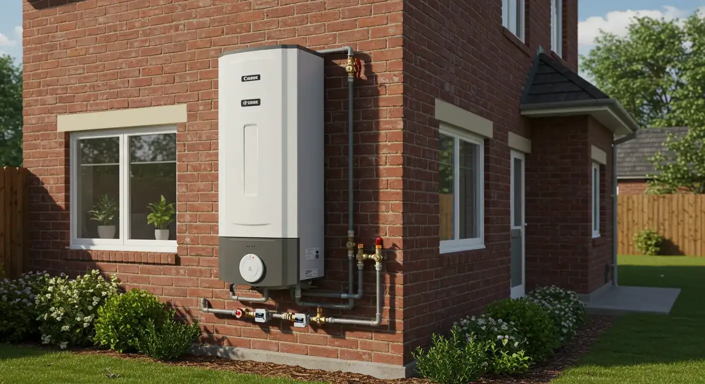 A large modern tankless water heater mounted on the red brick exterior wall of a home.