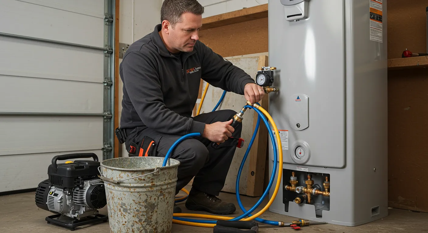 A professional technician performs a flush on a tankless water heater using a pump and bucket.