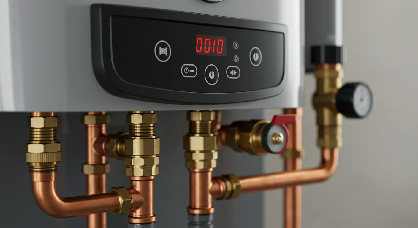 A detailed view of a tankless water heater's digital display showing an error code, with copper and brass plumbing below.