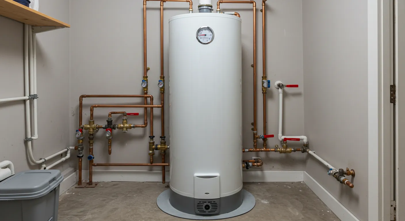 A large white water heater tank with a pressure gauge and an extensive piping system.