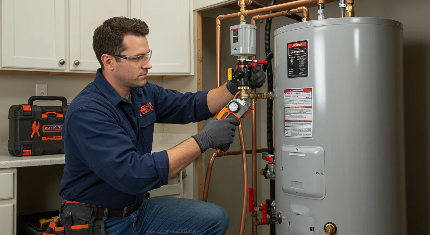 A plumber is shown mid-work, using a hydraulic crimping tool to secure a fitting on the copper pipes connected to a water heater.