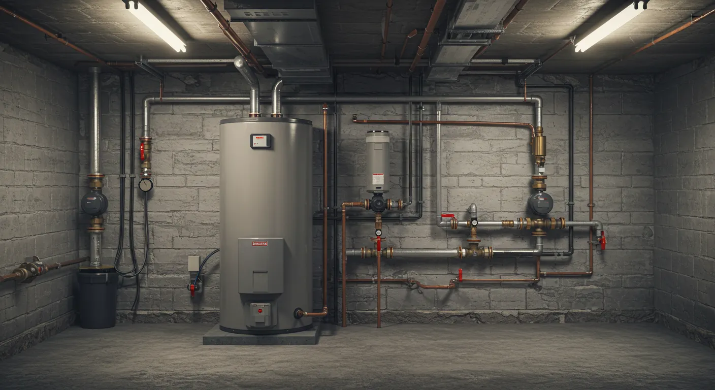 A gray water heater and pipe system in a basement room with concrete block walls.