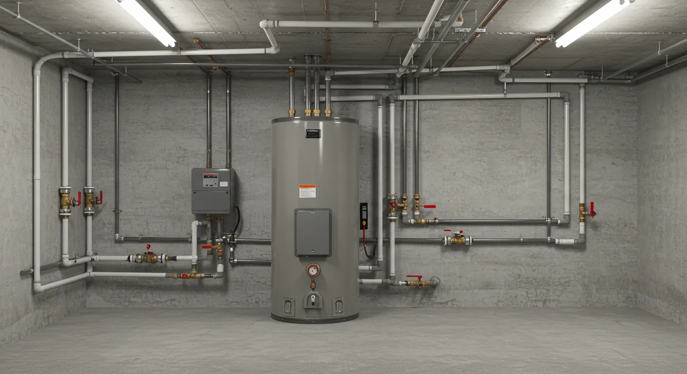 A gray water heater with a complex arrangement of plastic and copper pipes in a concrete room.