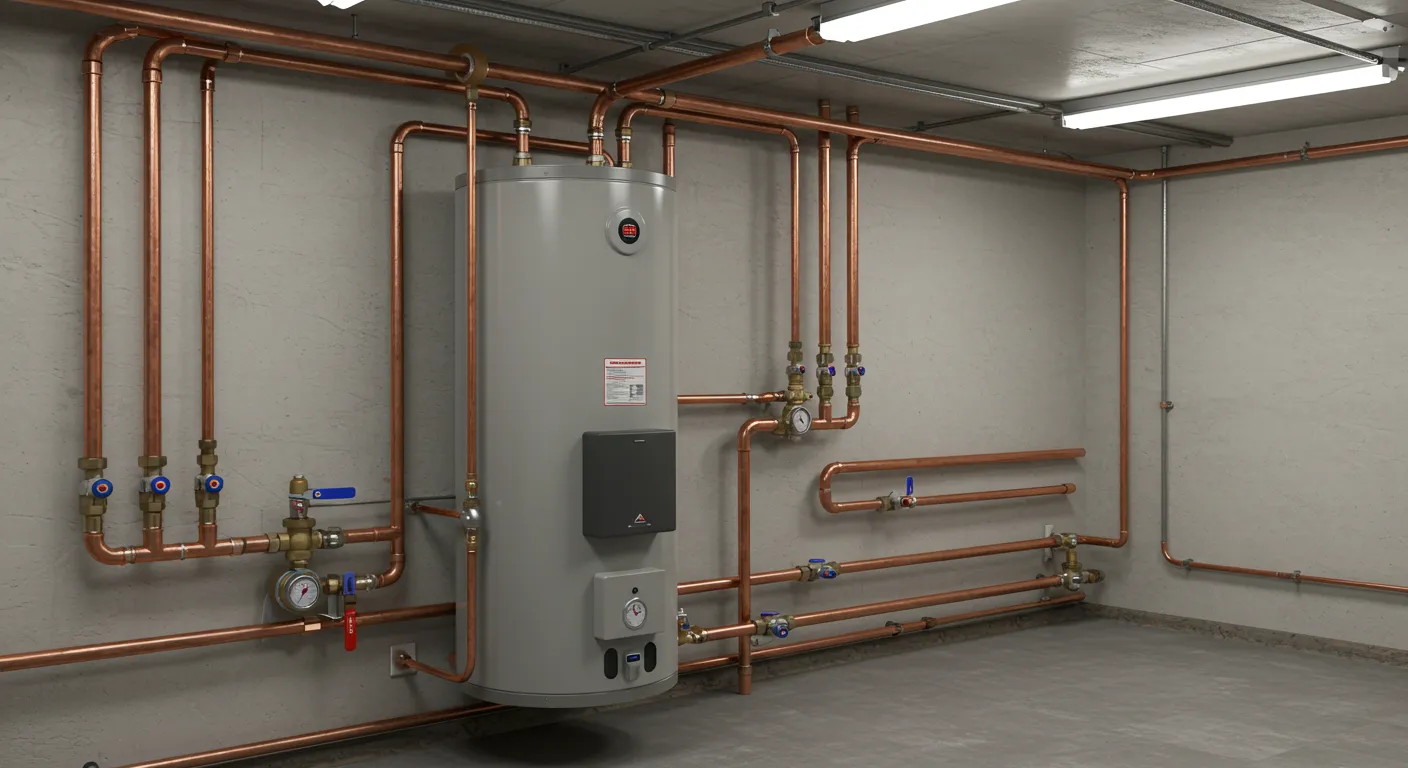 A gray water heater against a textured wall, surrounded by a complex copper pipe network.