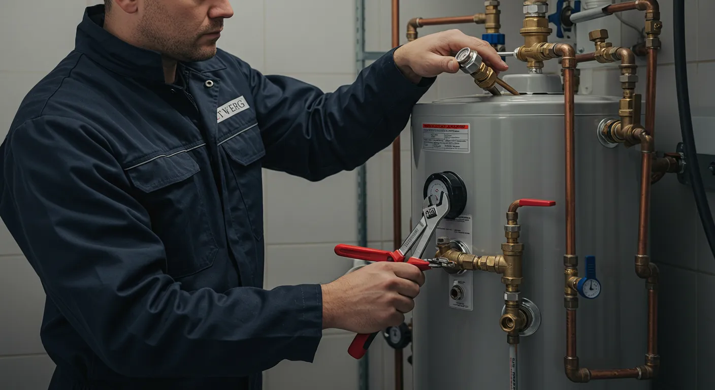 A plumber uses a wrench to work on the copper fittings at the top of a gray water heater.