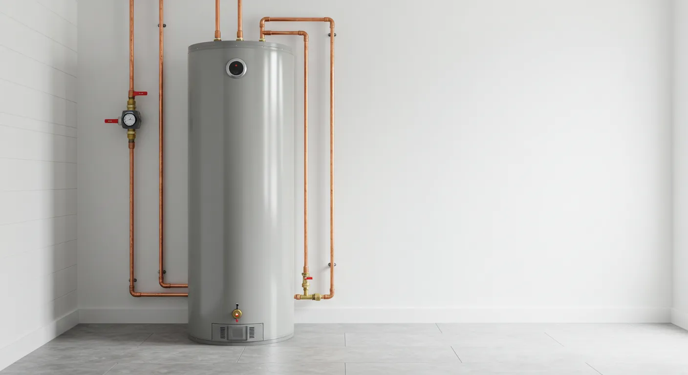 A gray water heater with copper pipes against a plain white wall.