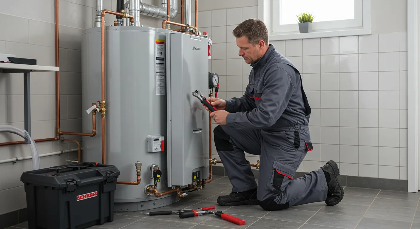 A plumber kneels and works on a gray water heater tank in a tiled utility room.