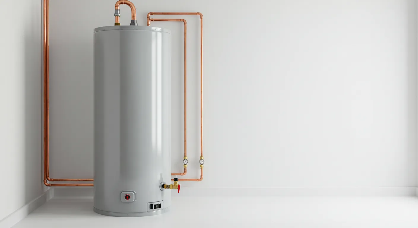 A clean wide shot of a gray water heater with copper pipes against a white wall.