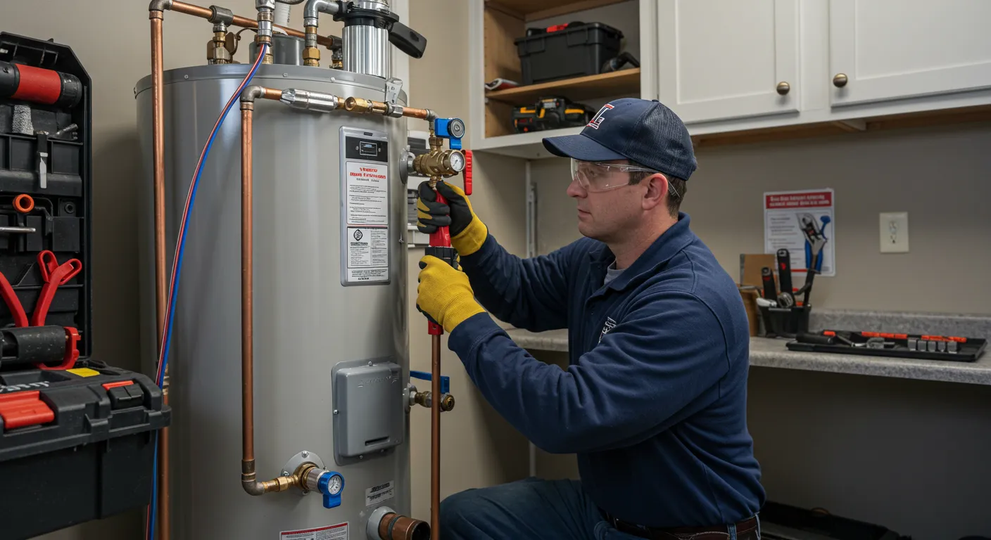 A professional plumber wearing a baseball cap, safety glasses, and gloves is kneeling and using a tool to work on the copper pipes of a large, grey water heater.