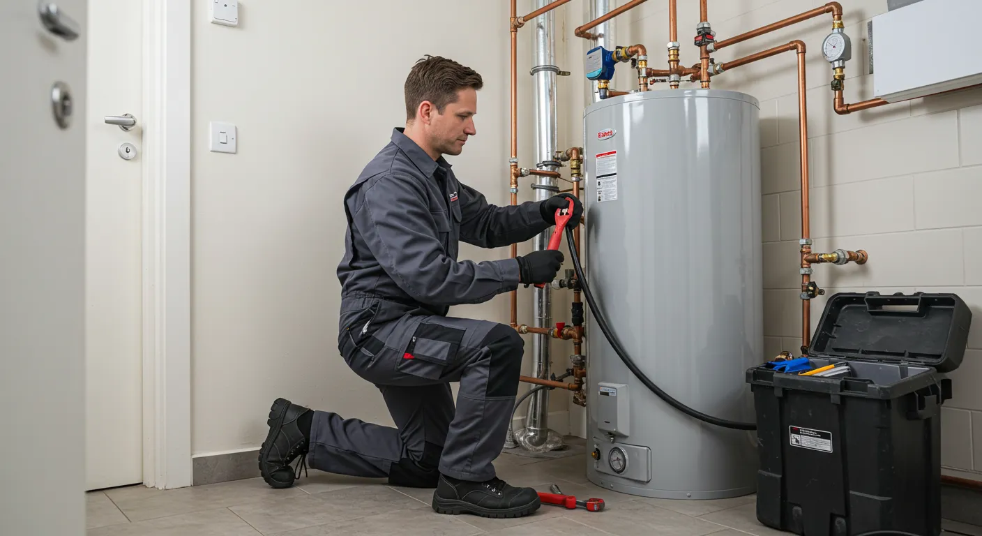 A plumber kneels and uses a red wrench to work on a gray water heater.