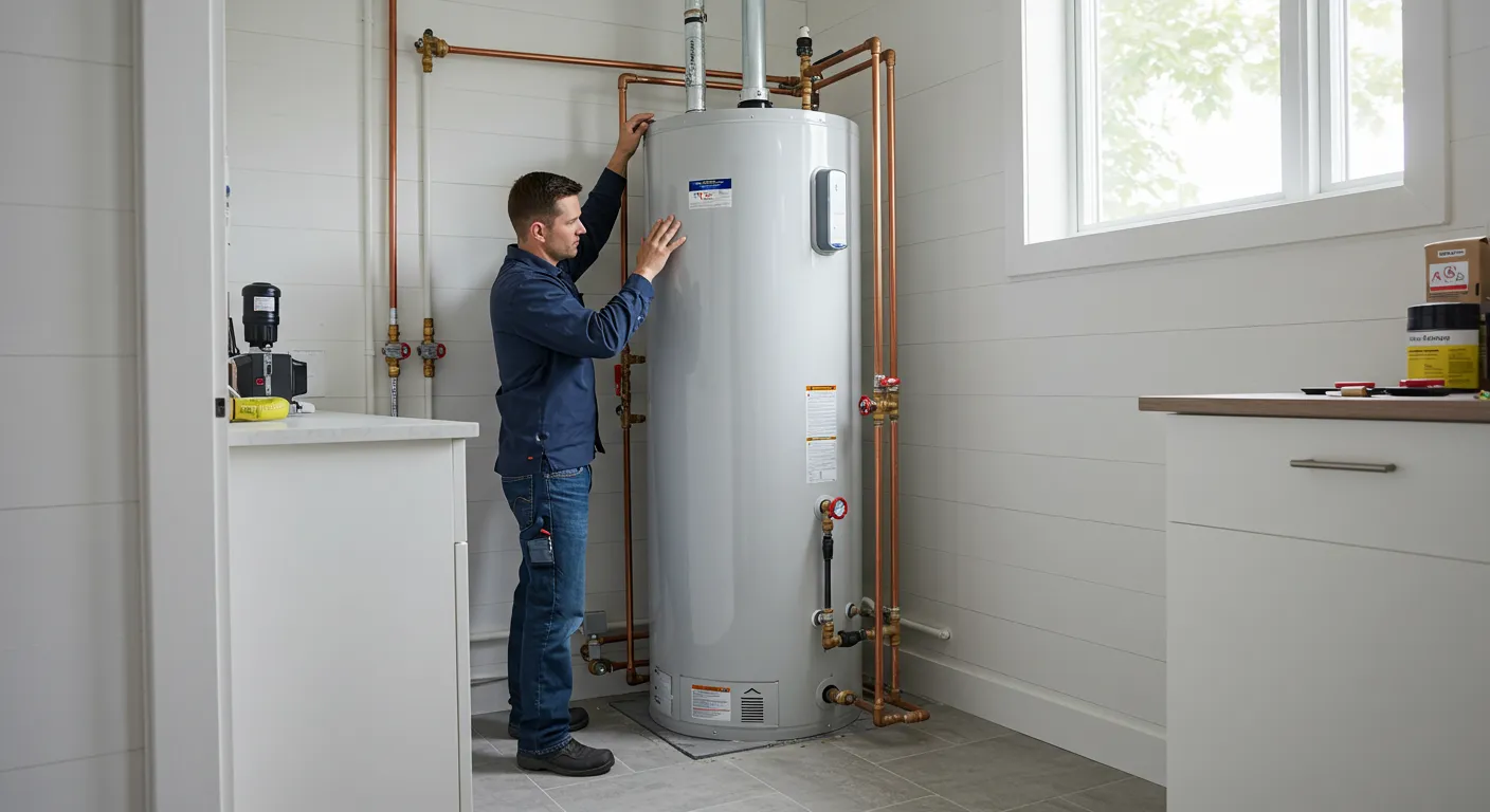 A plumber stands and inspects a gray water heater with an electronic device in a clean room.