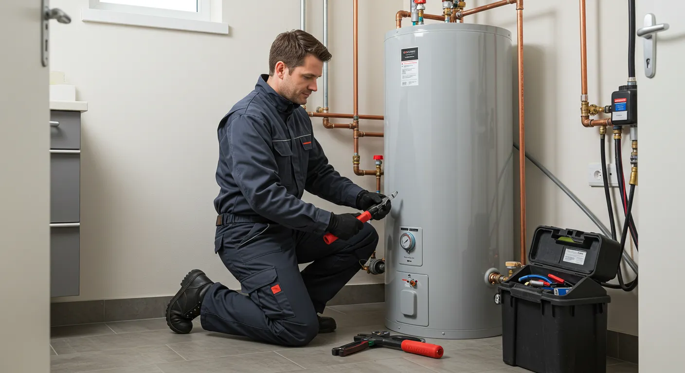 A plumber kneels and uses a wrench to work on a gray water heater with an open toolbox.