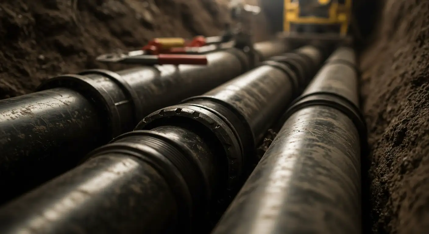 Three large, black pipes lie in a narrow trench of dirt. The pipes have visible joints and texture, and tools are partially visible in the background.