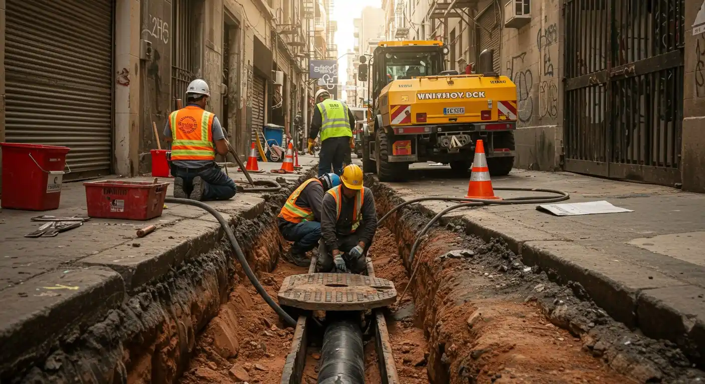 Workers with hard hats and safety vests are in a deep trench on a city street, performing maintenance on a pipe. A yellow utility truck is visible in the background.