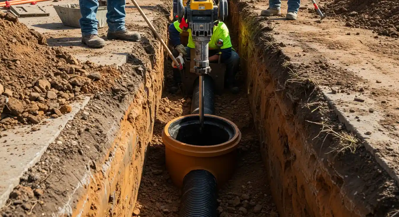 A low-angle view shows construction workers in a narrow dirt trench, with one worker in a neon yellow vest using a jackhammer-like tool on a black corrugated pipe. The pipe connects to a large orange fitting.