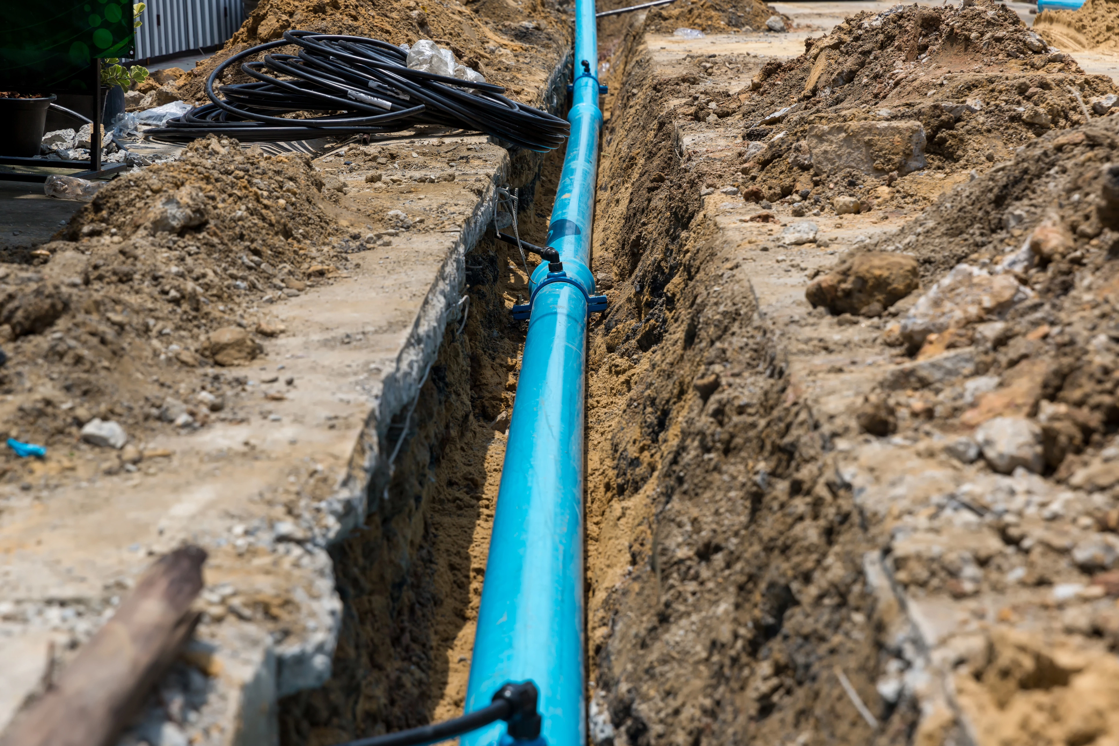 A turquoise pipe runs horizontally through a deep, narrow trench dug into brown earth. The pipe is held in place by several black clamps.