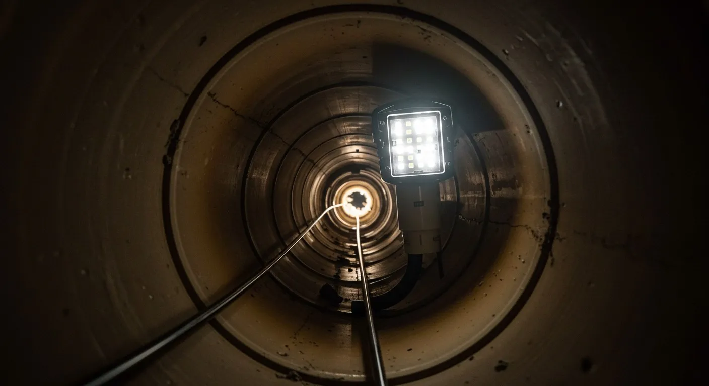 A photograph taken from within a large, circular pipe or tunnel. A bright, square-shaped LED light fixture hangs from a cable in the center, illuminating the dirty, concrete walls of the passageway.