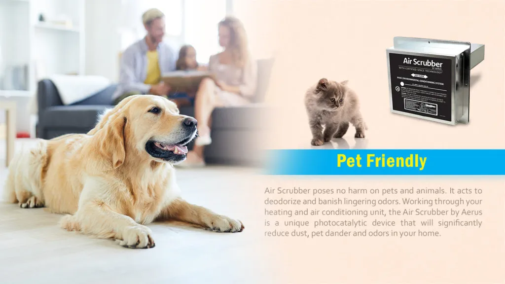  A split-screen promotional image. On the left, a golden retriever dog lies on a rug in a living room. In the blurred background, a family is visible on a sofa. On the right, a small kitten stands in front of a silver "Air Scrubber" device. Below the pets, a blue banner with yellow text reads "Pet Friendly." A paragraph below the banner explains how the Air Scrubber, a "photocatalytic device," deodorizes and reduces pet dander and odors without harming pets.
