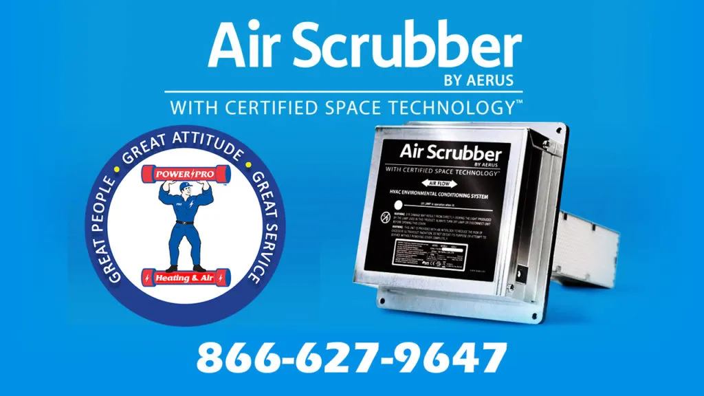  A bright blue promotional graphic for the "Air Scrubber by Aerus." The top of the image has the product name in large white letters. The "Power Pro Heating & Air" logo, a red and blue circle with the words "GREAT PEOPLE," "GREAT ATTITUDE," and "GREAT SERVICE" and a man holding up a wrench, is on the left. A silver Air Scrubber device is shown on the right. A phone number, 866-627-9647, is displayed in large white text at the bottom. The graphic emphasizes the product's "Certified Space Technology."