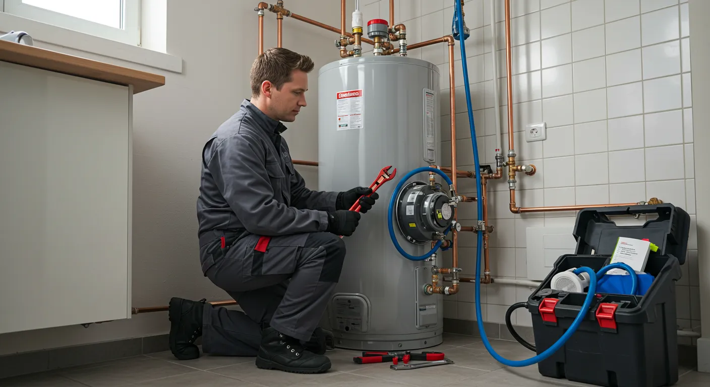 A plumber kneels and uses a red wrench to repair a gray water heater with an open toolbox nearby.