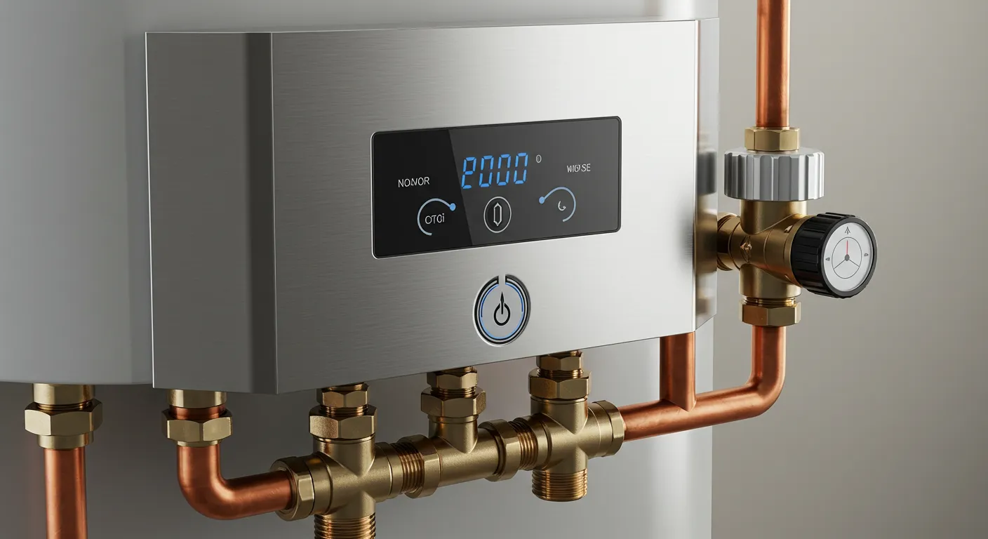A close-up of a tankless water heater's control panel and the intricate brass fittings on its copper pipes.