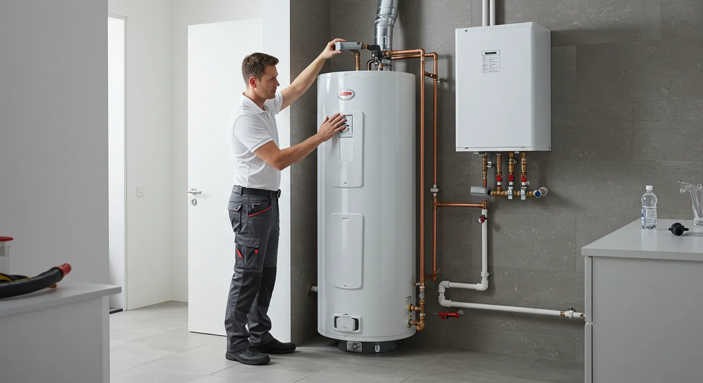A technician stands and inspects a white water heater and a smaller white unit mounted on the wall.