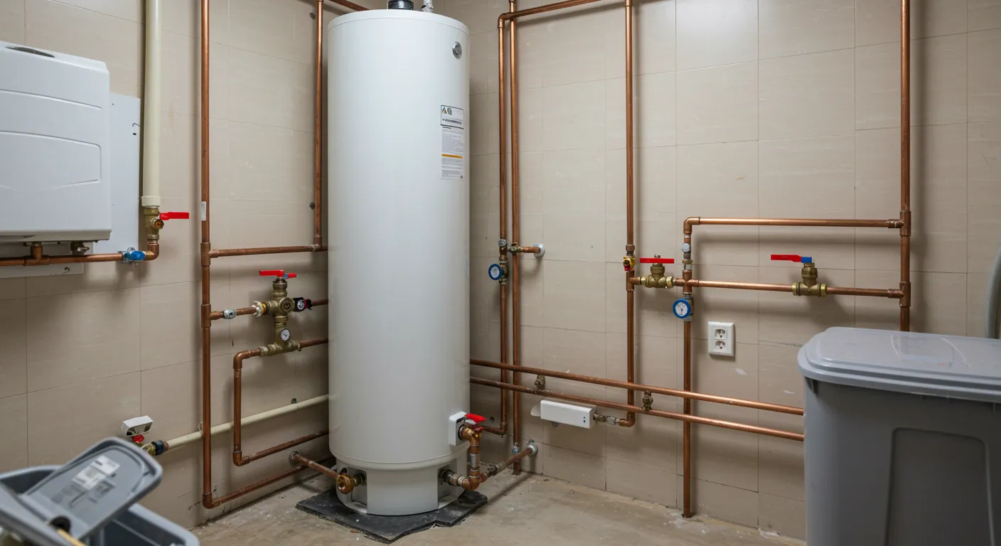 A large white water heater in a room with a tiled wall and multiple copper pipes.