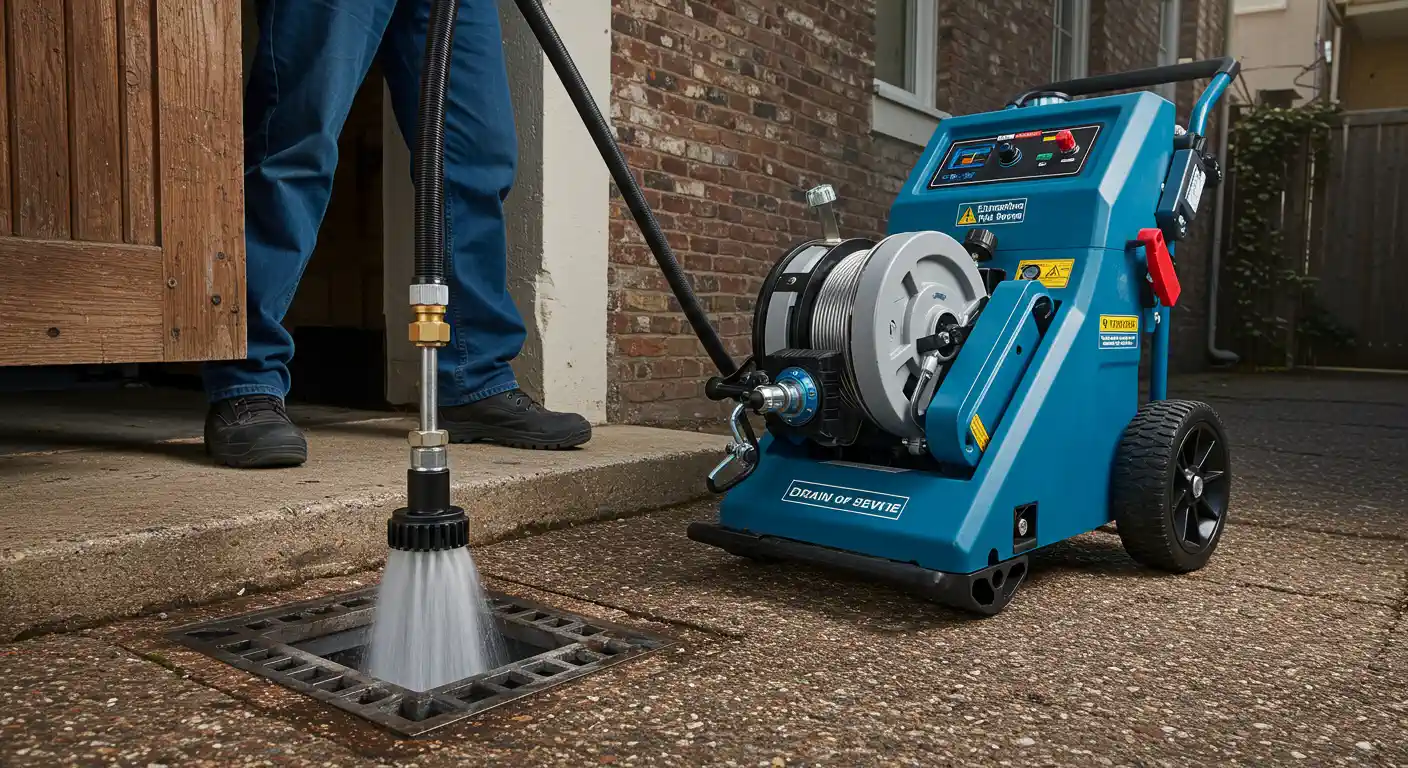 A professional drain cleaning machine with a jetter nozzle clearing a drain grate outside a building.