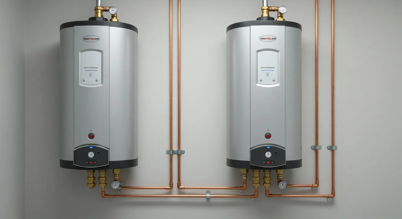 Two large, gray, cylindrical water heaters mounted side-by-side with copper pipes and pressure gauges.