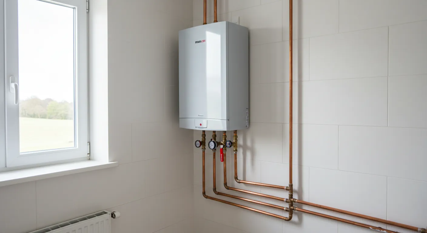 A single, wall-mounted tankless water heater with a white finish and detailed copper plumbing.