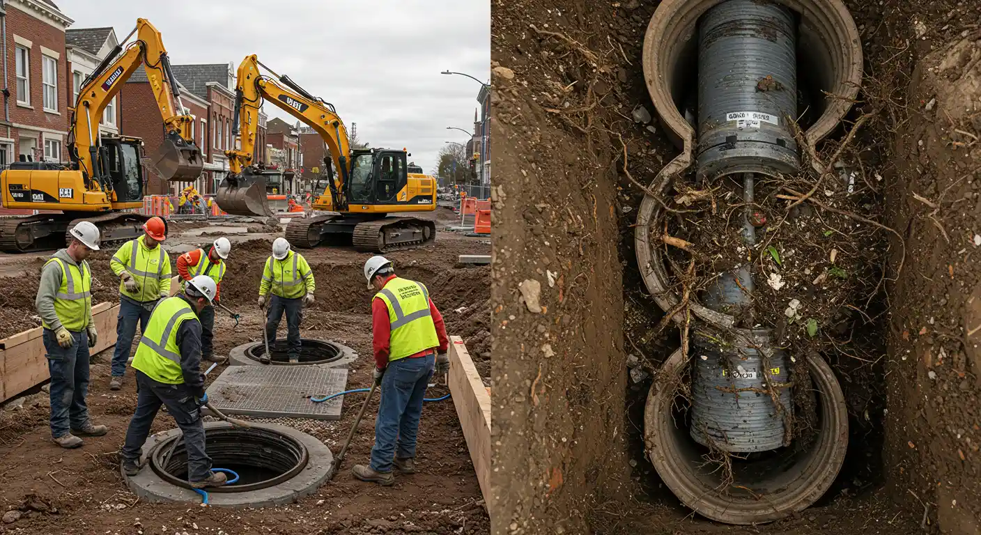 Workers and heavy equipment at a construction site for a drain or sewer project. A close-up on the right shows a pipe liner being pulled into a sewer pipe to repair it, surrounded by tree roots.