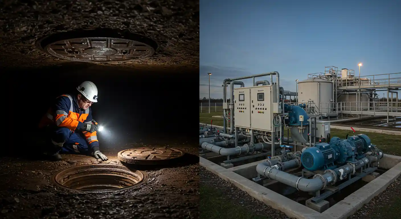 On the left, a male technician in a hard hat, reflective vest, and gloves kneels in a dark, muddy underground space. On the right, a large pumping and piping system sits outdoors at a water treatment facility. The system consists of gray control panels