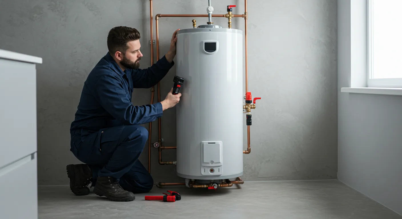 A plumber kneels and uses a tool to check a white water heater in a gray room.