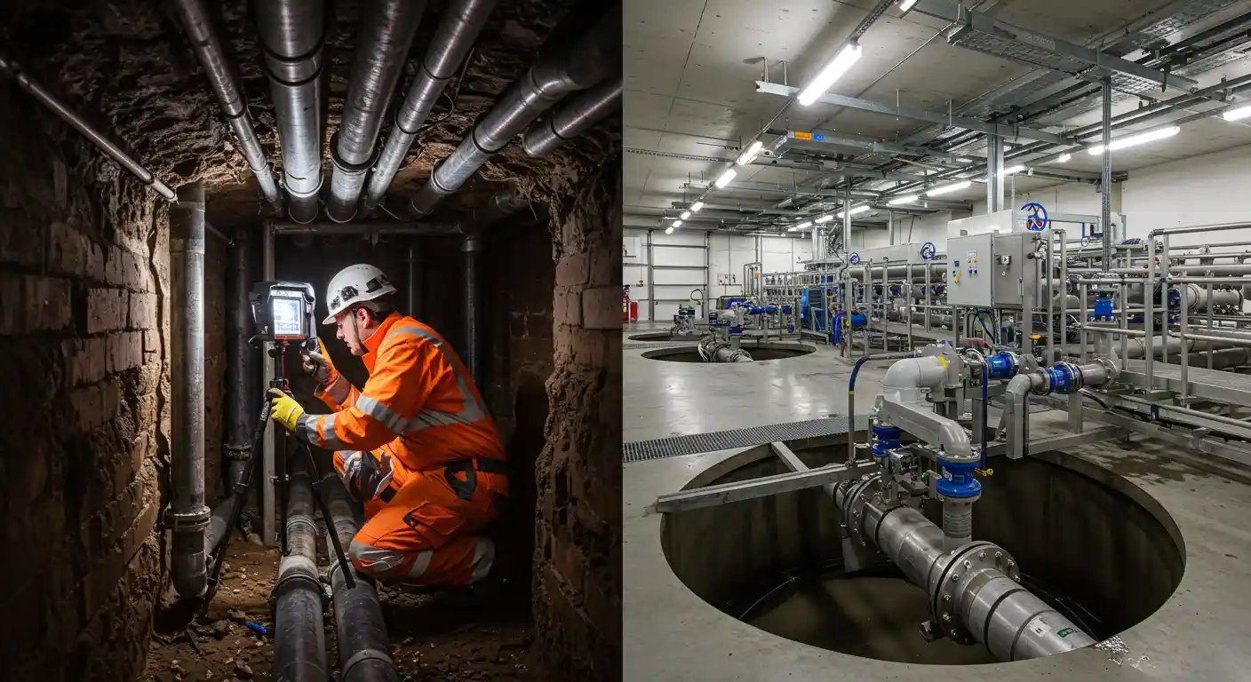 A professional in a hard hat and high-visibility clothing inspects a series of pipes in a narrow underground tunnel. The second image shows the interior of a modern water or wastewater treatment plant