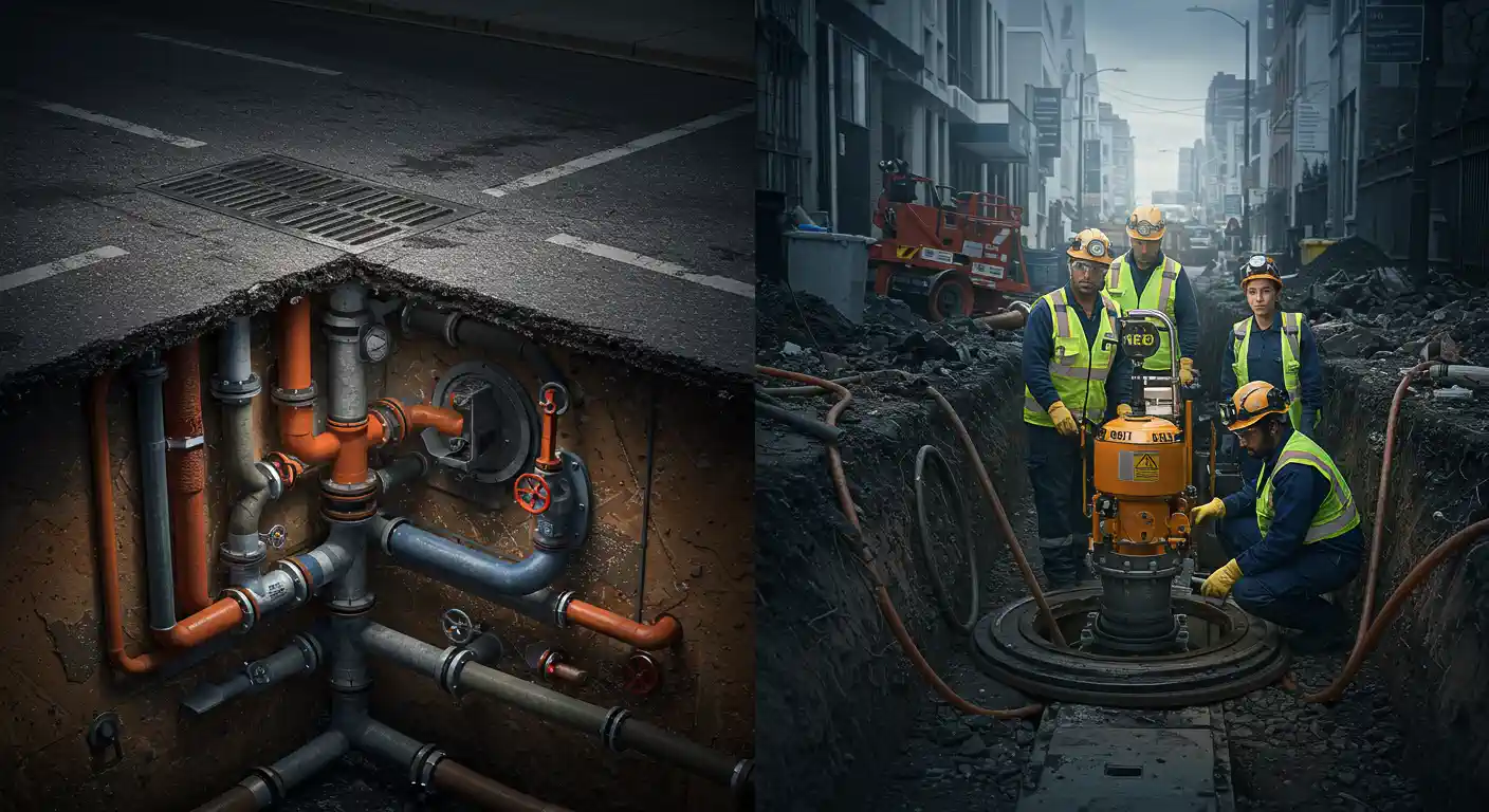 A diagram shows an intricate network of underground pipes and valves connected to a street drain. The second image shows a crew of four utility workers operating a piece of machinery for a drainage project in an urban environment.
