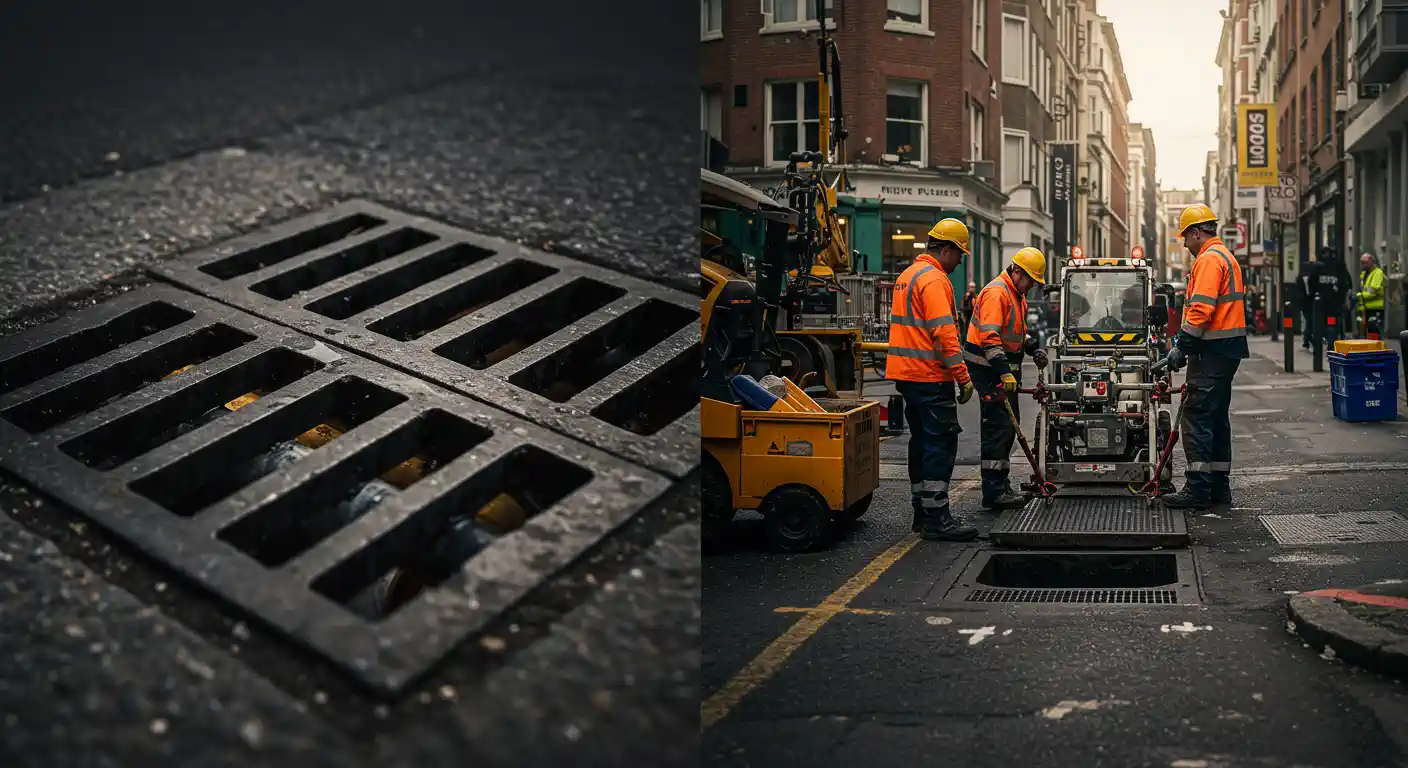 On the left, a close-up, low-angle shot shows a square metal storm drain grate on a city street. On the right, four construction workers in hard hats and reflective vests are working on an open manhole in the middle of a narrow city street.