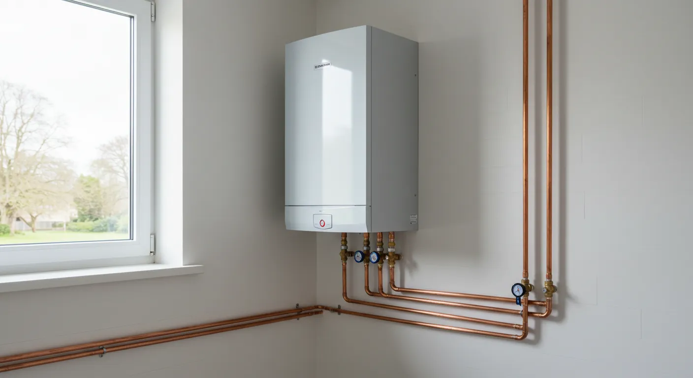 A white tankless water heater with copper plumbing and gauges mounted on a white tiled wall.
