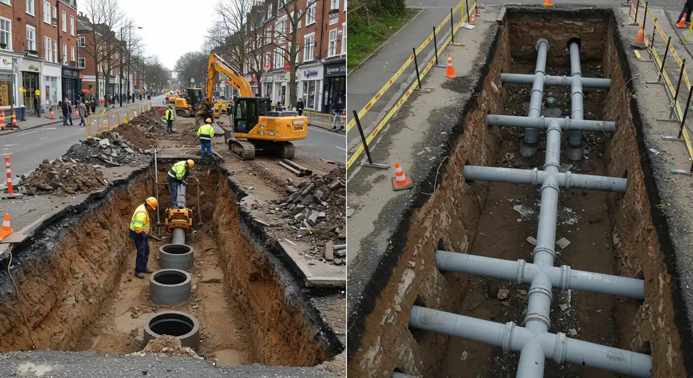 A street under construction with a large trench exposing a new sewer system. A crew of workers and heavy machinery are on-site. The second image shows a close-up of a new underground pipe system with multiple branches laid in a trench.