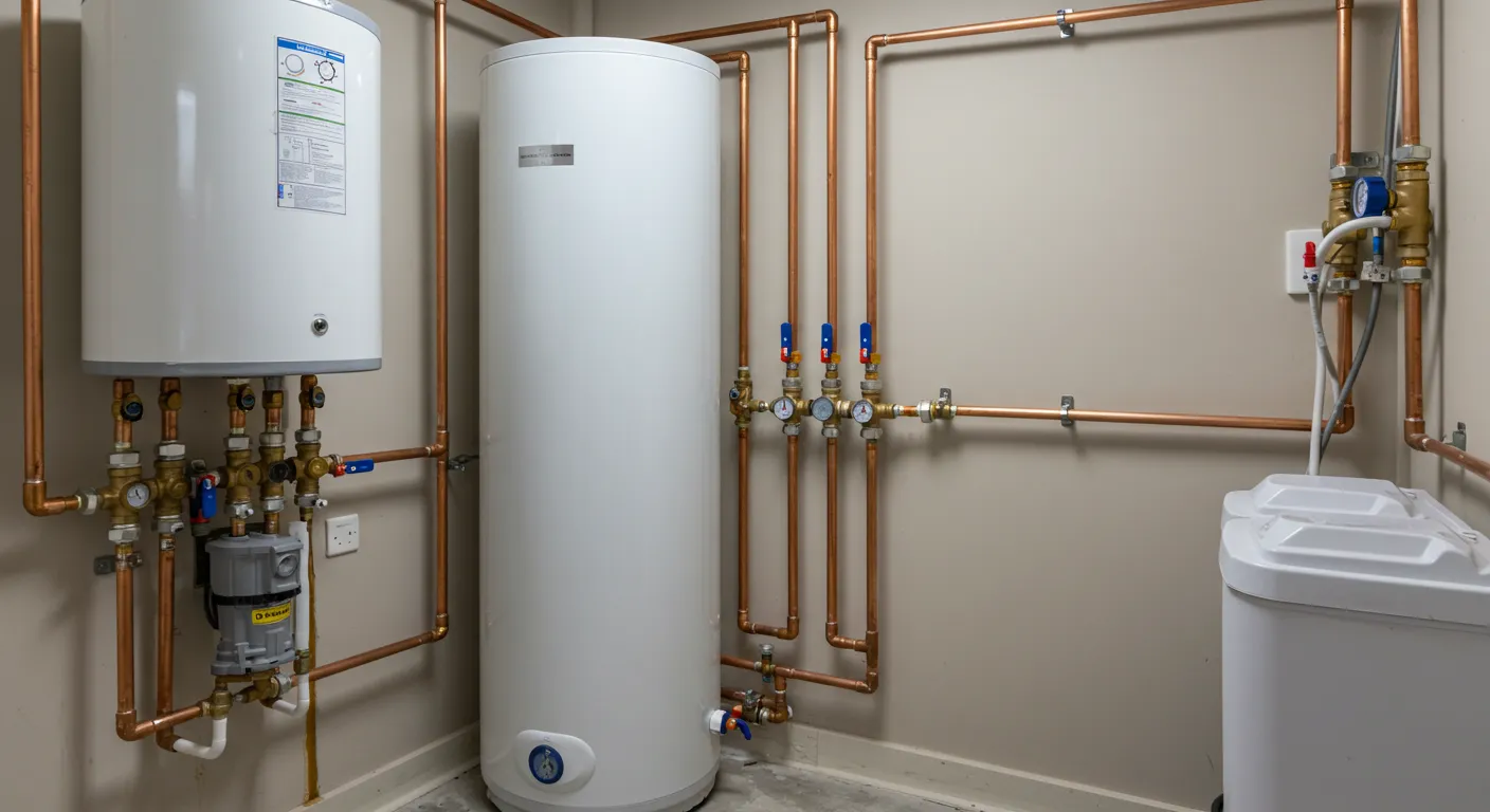 A large and a small white water heater are installed in a room with a detailed copper pipe system.