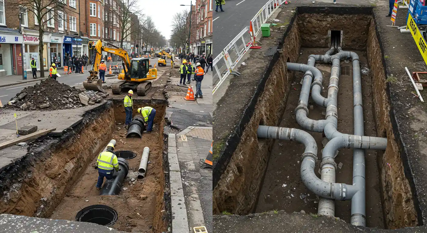 A construction site with a large trench in a street shows a team of workers installing a new sewer pipe system. The second image provides a detailed view of the complex arrangement of underground pipes.