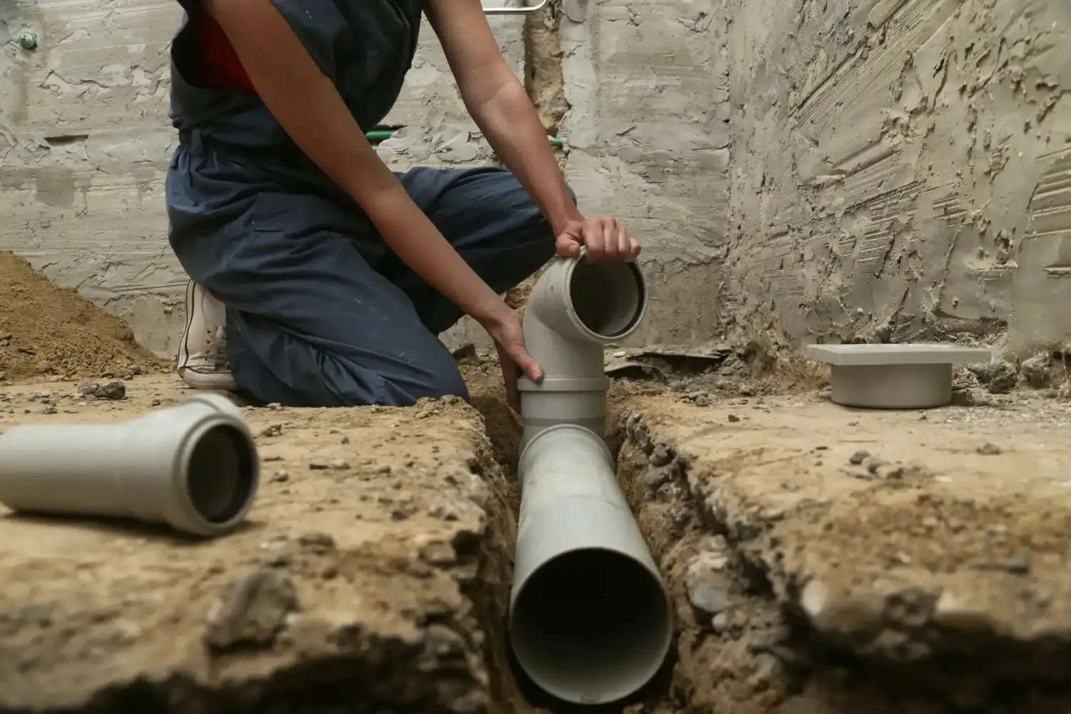 A person wearing blue overalls kneels in a trench, connecting two grey PVC pipes. More pipes are visible on the dirt.