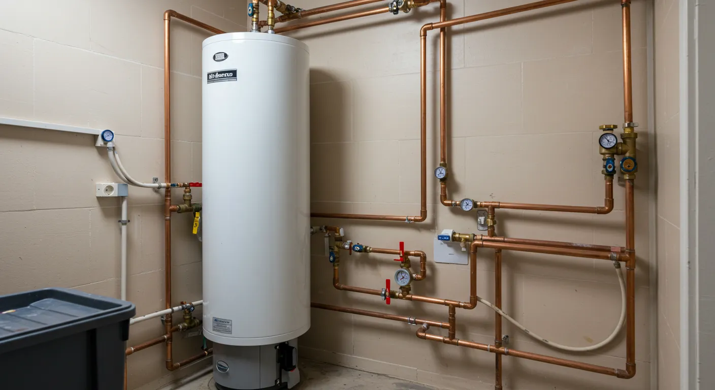 A white water heater in a utility room with an extensive copper pipe network.
