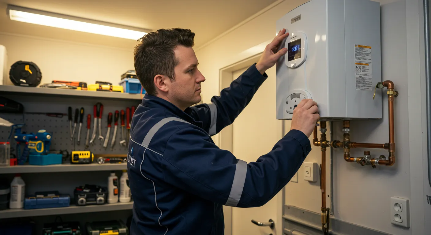 A plumber adjusts a wall-mounted water heater in a utility or workshop room.
