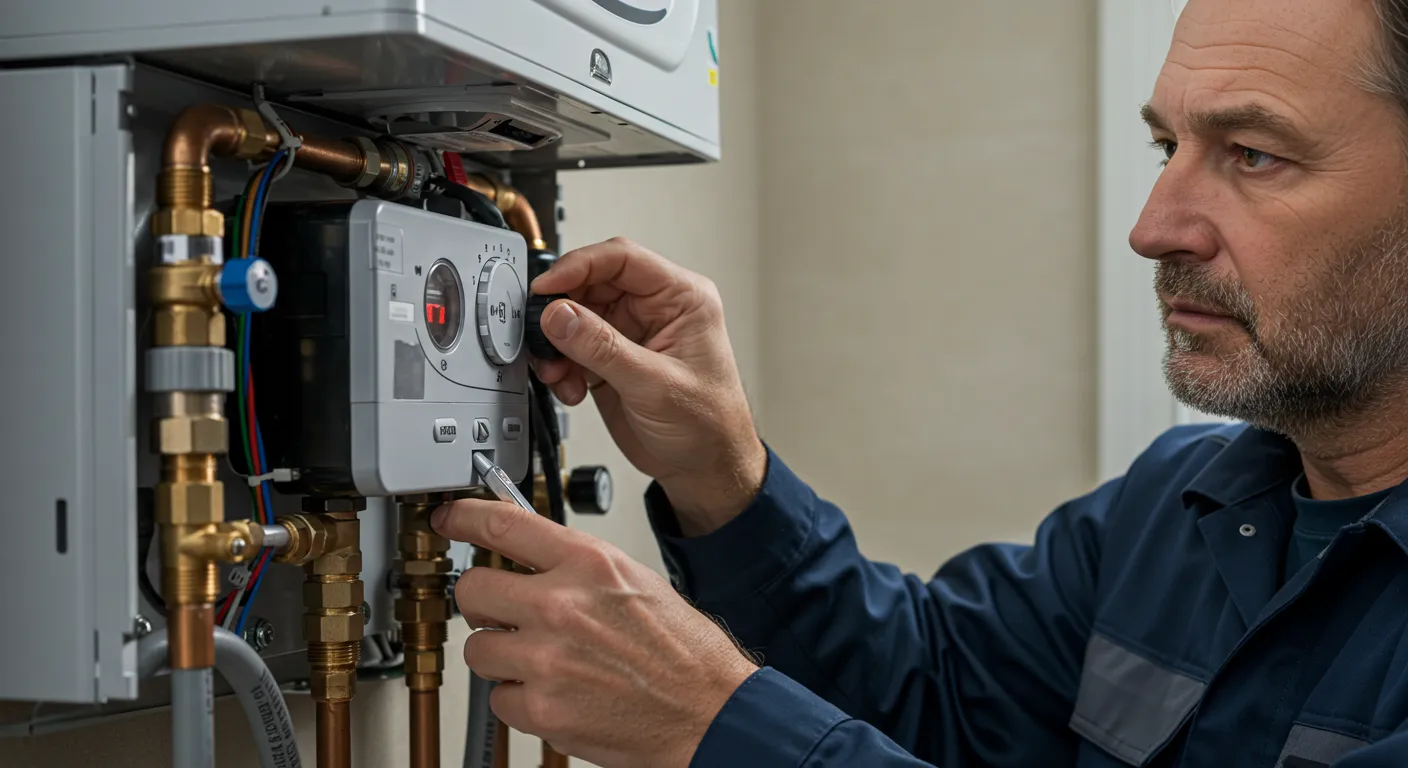 A bearded technician in a blue uniform adjusts a water heater's controls in a close-up shot.