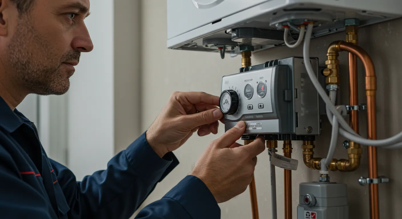A close-up of a technician's hands adjusting the controls of a tankless water heater.