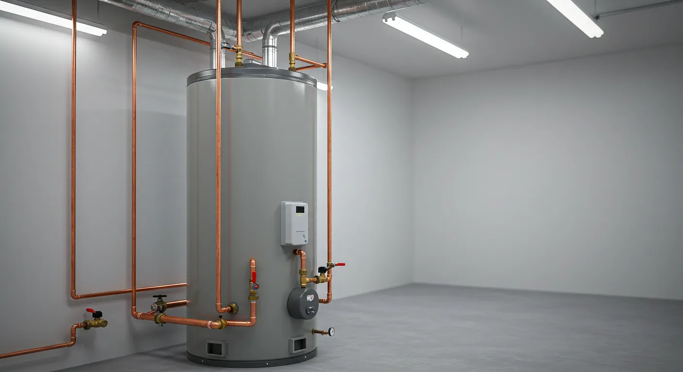 A gray water heater in a clean, modern room with exposed pipes on the ceiling.