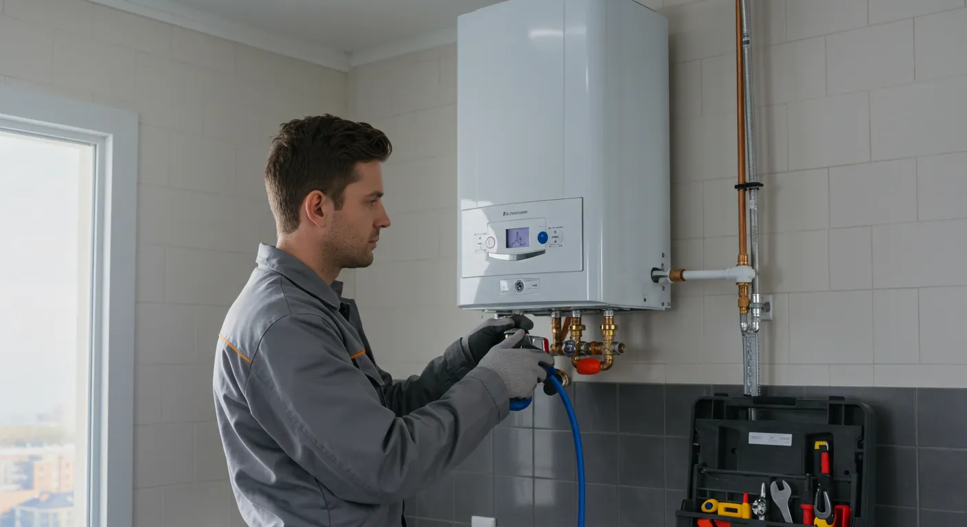A male plumber is shown wearing a gray uniform and gloves, using a tool to work on the bottom connections of a wall-mounted tankless water heater.